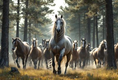 Primary subject: A white horse with a flowing mane.

Setting/background: A forest with trees in the background.

Visual style: A photo of the horse in motion.

Colors and mood: The horse is white, and the overall atmosphere is serene and natural.