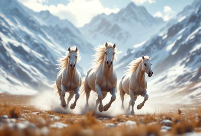 Primary subject: Three white horses running in a field.

Setting/background: A snowy mountain range in the background.

Visual style: Digital art.

Colors and mood: The image is in color, with a bright and lively atmosphere. The white horses contrast beautifully against the snowy mountain range, creating a sense of freedom and adventure.