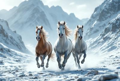Primary subject: Three white horses running in the snow.

Setting/background: A snowy mountain range serves as the backdrop for the scene.

Visual style: The image is a digital art or illustration of the three horses running in the snow.

Colors and mood: The dominant colors are white and snowy, creating a cold and wintry atmosphere.