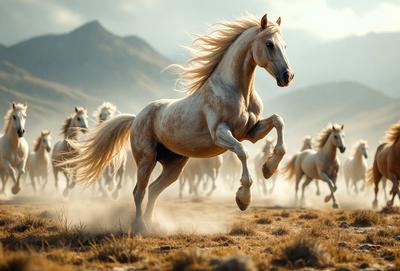 Primary subject: A white horse running in a field.

Setting/background: The horse is running in a field with mountains in the background.

Visual style: The image is a photo of the horse in motion.

Colors and mood: The image has a warm and natural color palette, with the white horse standing out against the backdrop of the field and mountains.