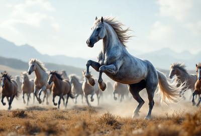Primary subject: A white horse running in a field.

Setting/background: The horse is running in a field with mountains in the background.

Visual style: The image is a photo of the horse in motion.

Colors and mood: The image has a warm and natural color palette, with the white horse standing out against the backdrop of the field and mountains.