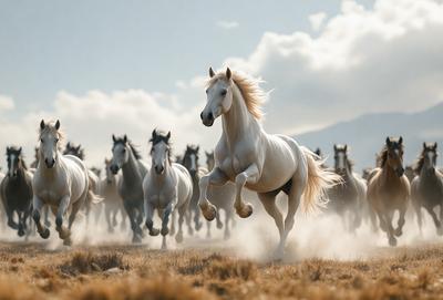 Primary subject: A white horse running in a field.

Setting/background: The horse is running in a field with a mountain in the background.

Visual style: The image is a photo of the horse running in the field.

Colors and mood: The image has a warm and natural color palette, with the white horse standing out against the field and mountain backdrop.