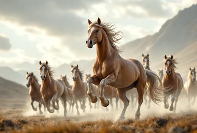 Primary subject: A brown horse running in a field.

Setting/background: The horse is running in a field with mountains in the background.

Visual style: The image is a photo of the horse running in the field.

Colors and mood: The dominant colors are brown and white, with a sense of motion and energy.
