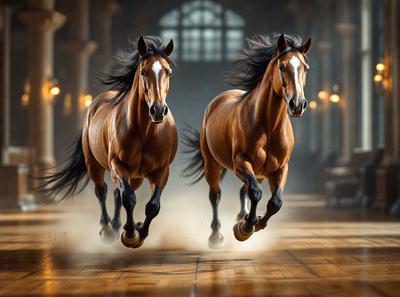Primary subject: Two brown horses running side by side.

Setting/background: A large, open building with a stone floor.

Visual style: Digital art.

Colors and mood: The image is in black and white, giving it a classic and timeless feel.