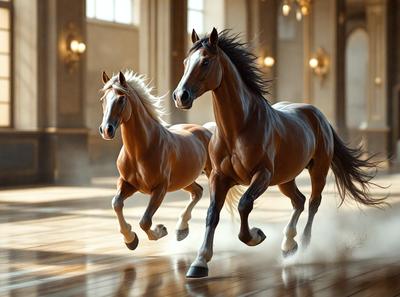 The primary subject of the image is a pair of brown horses running in a large, open room. The setting appears to be a large, empty building, possibly a museum or a large hall. The visual style of the image is a digital art or illustration, as it captures the movement and energy of the horses in a dynamic and detailed manner. The colors in the image are predominantly brown and white, giving the scene a warm and natural atmosphere.