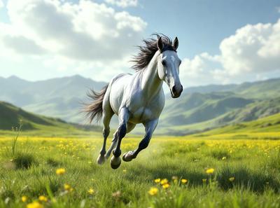 Primary subject: A white horse running through a field of yellow flowers.

Setting/background: The horse is running through a lush green field with mountains in the background.

Visual style: The image is a digital art or illustration of a horse running through a field of flowers.

Colors and mood: The dominant colors are yellow and green, creating a vibrant and lively atmosphere.