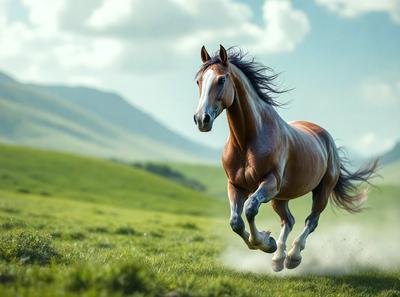The primary subject of the image is a brown horse running through a grassy field. The horse is the main focus of the image, and it appears to be galloping across the field. The setting is a lush green field, providing a natural and serene backdrop for the horse. The visual style of the image is a photo, capturing the horse in motion. The colors in the image are predominantly green, with the brown horse standing out against the vibrant grassy field. The overall atmosphere of the image is