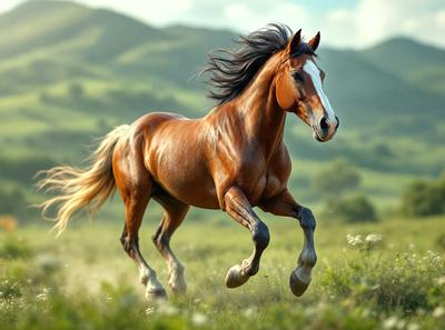 Primary subject: A brown horse with a white face running through a field of flowers.

Setting/background: The horse is running through a grassy field with wildflowers, creating a natural and vibrant atmosphere.

Visual style: The image is a photo of the horse in motion, capturing the beauty and energy of the scene.

Colors and mood: The dominant colors are brown, white, and various shades of green and yellow from the wildflowers. The overall atmosphere is lively and ener