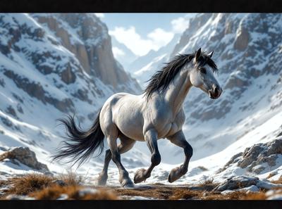 Primary subject: A horse running in a snowy mountain range.

Setting/background: The horse is running through a snowy mountain range, with a rocky landscape in the background.

Visual style: The image is a digital art or illustration of a horse running in the snow.

Colors and mood: The image has a cold and snowy atmosphere, with the horse's body and the snow-covered mountains being the dominant colors.