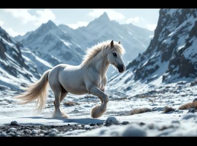Primary subject: A white horse with a flowing mane.

Setting/background: A snowy mountain range in the background.

Visual style: Digital art.

Colors and mood: The image is in black and white, giving it a classic and timeless feel. The white horse stands out against the snowy mountain range, creating a sense of serenity and beauty.
