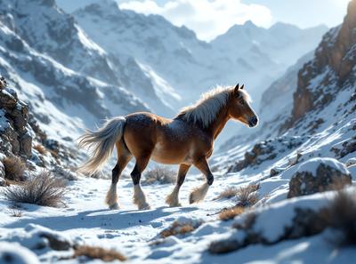 Primary subject: A brown horse with a white face standing in the snow.

Setting/background: The horse is standing on a snow-covered mountain, with a rocky background.

Visual style: The image is a photo of the horse in the snow.

Colors and mood: The dominant colors are white and brown, with a cold and snowy atmosphere.