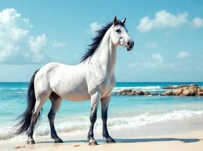 Primary subject: A white horse standing on a beach.

Setting/background: The horse is standing on a sandy beach near the ocean.

Visual style: The image is a photo of the horse on the beach.

Colors and mood: The colors in the image are predominantly white and blue, with the white horse and blue ocean creating a serene and peaceful atmosphere.
