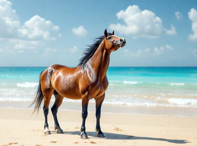 Primary subject: A brown horse standing on a beach.

Setting/background: The horse is standing on a sandy beach near the ocean.

Visual style: The image is a photo of the horse on the beach.

Colors and mood: The dominant colors are brown and blue, with the ocean providing a serene and calming atmosphere.