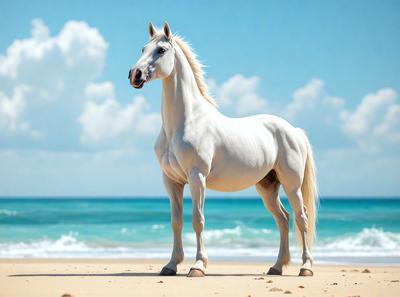 Primary subject: A white horse standing on a beach.

Setting/background: The horse is standing on a sandy beach, with the ocean in the background.

Visual style: The image is a photo of the white horse on the beach.

Colors and mood: The image has a warm and serene atmosphere, with the white horse and the blue ocean creating a peaceful scene.