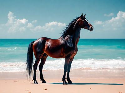 Primary subject: A brown horse standing on a beach.

Setting/background: The horse is standing on a sandy beach near the ocean.

Visual style: The image is a digital art or illustration of a horse on the beach.

Colors and mood: The image has a warm and serene atmosphere, with the brown horse as the main focus.