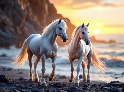 Primary subject: Two white horses standing on a beach.

Setting/background: The horses are standing on a rocky beach near the ocean.

Visual style: The image is a photo of the two horses.

Colors and mood: The colors in the image are predominantly white, with some shades of gray and brown from the rocks and the beach. The overall atmosphere is serene and peaceful, as the horses stand together on the beach.