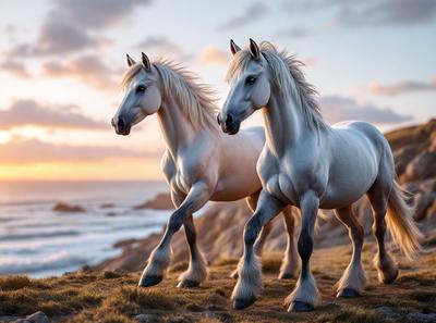 Primary subject: Two white horses standing on a grassy hill.

Setting/background: The horses are standing on a grassy hill overlooking the ocean.

Visual style: The image is a digital artwork.

Colors and mood: The image has a warm and serene atmosphere, with the horses and the ocean creating a picturesque scene.