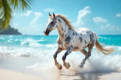 Primary subject: A white and brown spotted horse running on the beach.

Setting/background: The beach, with the ocean in the background.

Visual style: The image is a digital artwork.

Colors and mood: The colors are predominantly white and brown, with a lively and energetic atmosphere.