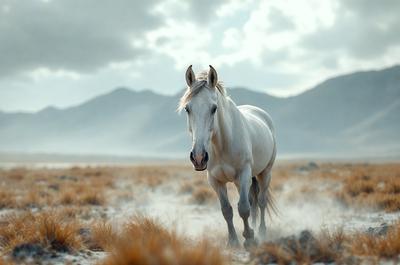 Primary subject: A white horse walking in a field.

Setting/background: The horse is walking in a field with mountains in the background.

Visual style: The image is a photo of the horse in the field.

Colors and mood: The image has a sepia tone, giving it a warm and nostalgic atmosphere.