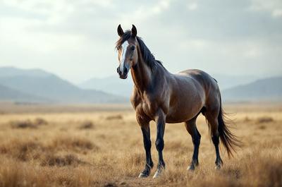 Primary subject: A brown horse standing in a field.

Setting/background: The horse is standing in a dry grass field, with mountains visible in the background.

Visual style: The image is a photo of the horse in the field.

Colors and mood: The image has a sepia tone, giving it a warm and nostalgic atmosphere.