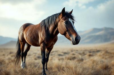 The primary subject of the image is a brown horse standing in a field. The horse is the main focus of the image, and it appears to be looking at the camera. The setting is a grassy field, and the visual style is a photo. The colors in the image are predominantly brown and green, creating a natural and serene atmosphere.