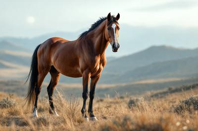 Primary subject: A brown horse standing in a field.

Setting/background: The horse is standing in a grassy field with mountains in the background.

Visual style: The image is a photo of the horse in the field.

Colors and mood: The horse is brown, and the field is green. The overall atmosphere is calm and serene.
