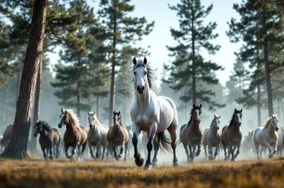Primary subject: A white horse running through a field.

Setting/background: The horse is running through a grassy field with trees in the background.

Visual style: The image is a photo of the horse running through the field.

Colors and mood: The image has a warm and natural color palette, with the white horse standing out against the green grass and trees.