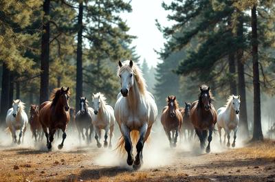 Primary subject: A white horse running through a forest.

Setting/background: The horse is running through a forest with trees and dirt.

Visual style: The image is a photo of the horse running through the forest.

Colors and mood: The image has a natural and vibrant color palette, with the white horse standing out against the green forest and dirt. The mood of the image is energetic and dynamic, as the horse is captured in motion.