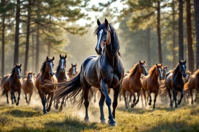 Primary subject: A horse with a flowing mane.

Setting/background: A forest with trees in the background.

Visual style: A photo of the horse in motion.

Colors and mood: The horse has a brown and white color, and the overall atmosphere is dynamic and lively.
