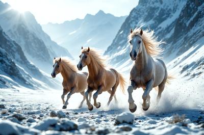 Primary subject: Three horses running in the snow.

Setting/background: A snowy mountain range serves as the backdrop for the scene.

Visual style: The image is a digital artwork, featuring the three horses in motion.

Colors and mood: The dominant colors are white and gray, with the snow creating a cold and serene atmosphere.