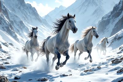 Primary subject: A group of horses running through the snow.

Setting/background: The scene takes place in a snowy mountain range, with the horses running through the snow.

Visual style: The image is a digital art or illustration, featuring a dynamic and action-packed scene.

Colors and mood: The dominant colors are white and gray, with the snow creating a cold and serene atmosphere. The horses' movement adds a sense of energy and excitement to the scene.