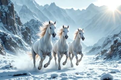 Primary subject: Three white horses running in the snow.

Setting/background: A snowy mountain range serves as the backdrop for the scene.

Visual style: The image is a digital artwork, featuring the three white horses in motion.

Colors and mood: The dominant colors are white and blue, creating a serene and cold atmosphere.