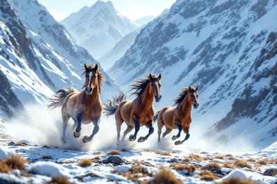 Primary subject: Three horses running in the snow.

Setting/background: A snowy mountain range serves as the backdrop for the scene.

Visual style: The image is a photo of the three horses in motion.

Colors and mood: The dominant colors are white and brown, with the snow creating a cold and serene atmosphere.