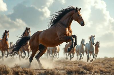 The primary subject of the image is a brown horse running through a field. The setting is a dirt field with a cloudy sky in the background. The visual style is a photo, capturing the horse in motion. The dominant colors are brown and grey, creating a natural and earthy atmosphere.