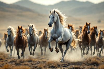 Primary subject: A white horse running in a field.

Setting/background: The horse is running in a field with a mountainous background.

Visual style: The image is a photo of the horse running in the field.

Colors and mood: The image has a warm and natural color palette, with the white horse standing out against the field and mountainous backdrop.