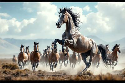Primary subject: A brown horse running in a field.

Setting/background: The horse is running in a field with a mountain in the background.

Visual style: The image is a digital art illustration.

Colors and mood: The image has a warm and dynamic color palette, with the brown horse as the main focus.