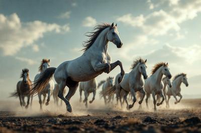Primary subject: A white horse running in a field.

Setting/background: The horse is running in a field with a cloudy sky in the background.

Visual style: The image is a photo of the horse running in the field.

Colors and mood: The dominant colors are white and gray, with a slightly cloudy atmosphere.