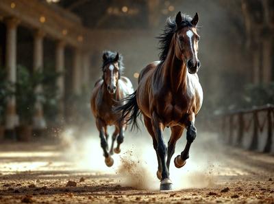 The primary subject of the image is a brown horse running down a dirt road. The setting is an outdoor environment with a dirt road and a fence in the background. The visual style is a photo, capturing the horse in motion. The colors and mood of the image are dominated by earthy tones, creating a sense of movement and energy.