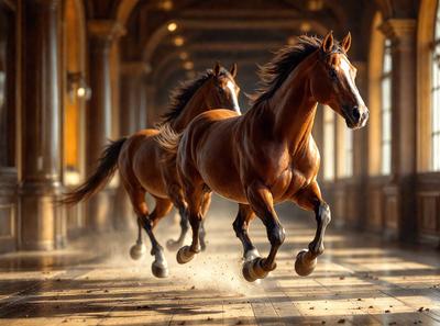 Primary subject: Three brown horses running in a hallway.

Setting/background: The horses are running in a hallway, which appears to be a part of a building.

Visual style: The image is a photo of the three horses running in the hallway.

Colors and mood: The dominant colors are brown, and the overall atmosphere is energetic and dynamic.