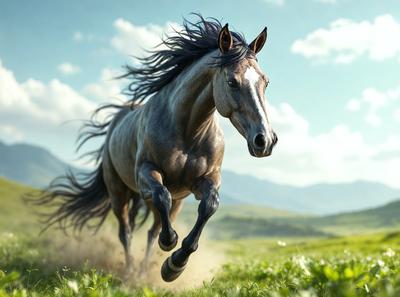 Primary subject: A horse running in a field.

Setting/background: A grassy field with mountains in the background.

Visual style: Digital art.

Colors and mood: The image is in color, with a lively and energetic atmosphere.