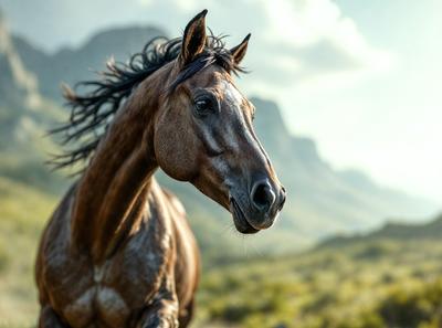 The primary subject of the image is a brown horse with a black mane, standing in a grassy field. The horse appears to be looking at the camera, possibly posing for a picture. The setting is a mountainous area, with a mountain visible in the background. The visual style of the image is a photo, capturing the horse in its natural environment. The colors and mood of the image are warm and serene, with the horse and the mountainous landscape creating a peaceful and picturesque scene.