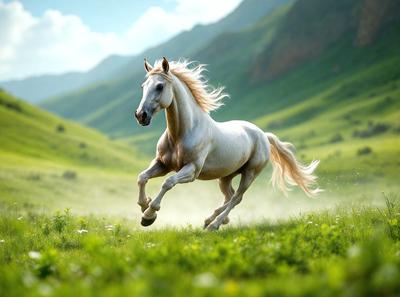 Primary subject: A white horse running in a grassy field.

Setting/background: The horse is running in a lush green field with mountains in the background.

Visual style: The image is a photo of the horse in motion.

Colors and mood: The image is in color, and the lush green field and white horse create a sense of freedom and natural beauty.