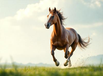 Primary subject: A brown horse running in a grassy field.

Setting/background: The horse is running in a grassy field with clouds in the sky.

Visual style: The image is a photo of the horse in motion.

Colors and mood: The dominant colors are brown and green, with a lively and energetic atmosphere.