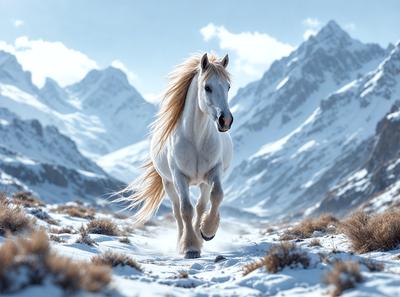 Primary subject: A white horse with a long mane running through a snowy mountain range.

Setting/background: The horse is running through a snowy mountain range, with a beautiful winter landscape in the background.

Visual style: The image is a digital artwork, featuring a white horse with a long mane and a snowy mountain range as the backdrop.

Colors and mood: The image has a cold and serene atmosphere, with the white horse and snowy mountains creating a sense of tranqu