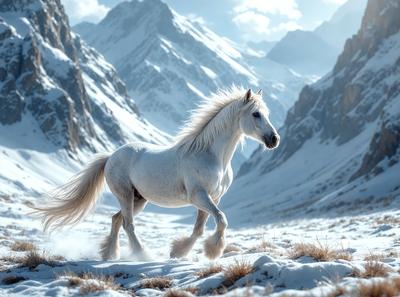 Primary subject: A white horse with a flowing mane.

Setting/background: A snowy mountain range with a blue sky.

Visual style: A photo of the horse in the snow.

Colors and mood: The image is in black and white, giving it a classic and timeless feel. The snowy mountain range and the horse's white fur create a serene and majestic atmosphere.
