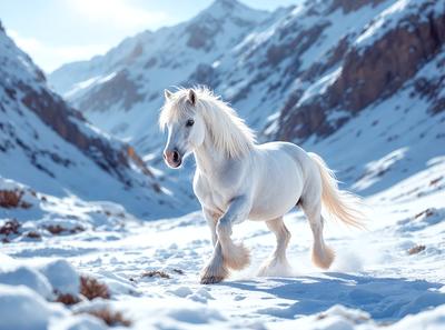 Primary subject: A white horse with a flowing mane, standing in a snowy mountain range.

Setting/background: The horse is surrounded by a snowy mountain range, with a mountain in the background.

Visual style: The image is a photo of the horse in the snowy mountain range.

Colors and mood: The image has a cold and serene atmosphere, with the white horse standing out against the snowy backdrop.