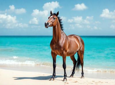 Primary subject: A brown horse standing on a beach.

Setting/background: The horse is standing on a sandy beach near the ocean.

Visual style: The image is a photo of the horse on the beach.

Colors and mood: The colors in the image are predominantly brown and blue, with the ocean providing a calming and serene atmosphere.