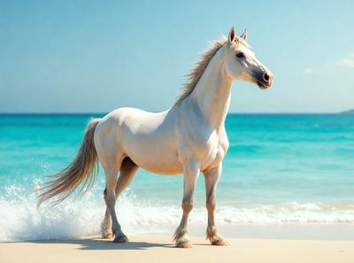 Primary subject: A white horse standing on a beach.

Setting/background: The horse is standing on a sandy beach near the ocean.

Visual style: The image is a photo of the horse on the beach.

Colors and mood: The colors in the image are predominantly white, with the ocean and sky in the background. The mood of the image is serene and peaceful, as the horse stands alone on the beach.