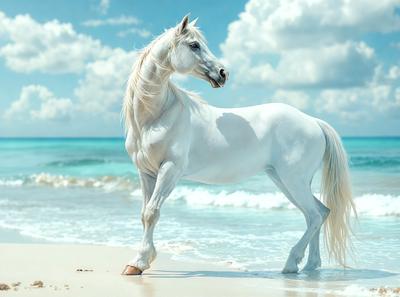Primary subject: A white horse standing on a beach.

Setting/background: The horse is standing on a beach near the ocean, with a blue sky in the background.

Visual style: The image is a digital art or illustration of a white horse on the beach.

Colors and mood: The dominant colors are white and blue, creating a serene and peaceful atmosphere.