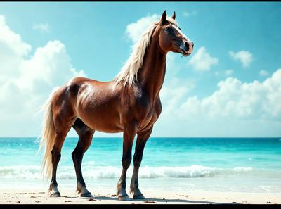 The primary subject of the image is a brown horse standing on a beach. The horse is the main focus of the scene, and it appears to be looking at the camera. The setting is a beach with a clear blue sky in the background. The visual style of the image is a photo, capturing the horse in its natural environment. The colors in the image are predominantly brown and blue, creating a calm and serene atmosphere.